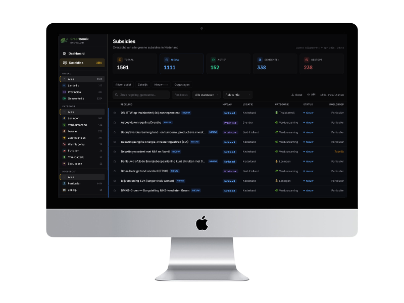 Groenbereik subsidie-overzicht — dark mode